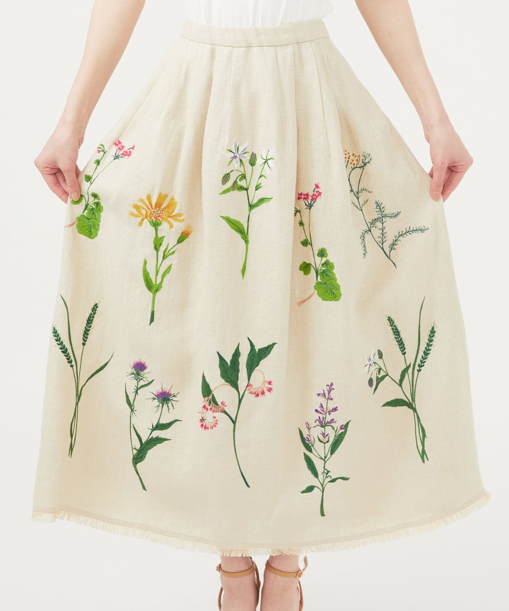 GBHGA01790 Sybilla(シビラ) 先染めリネン刺繍スカート ベージュ