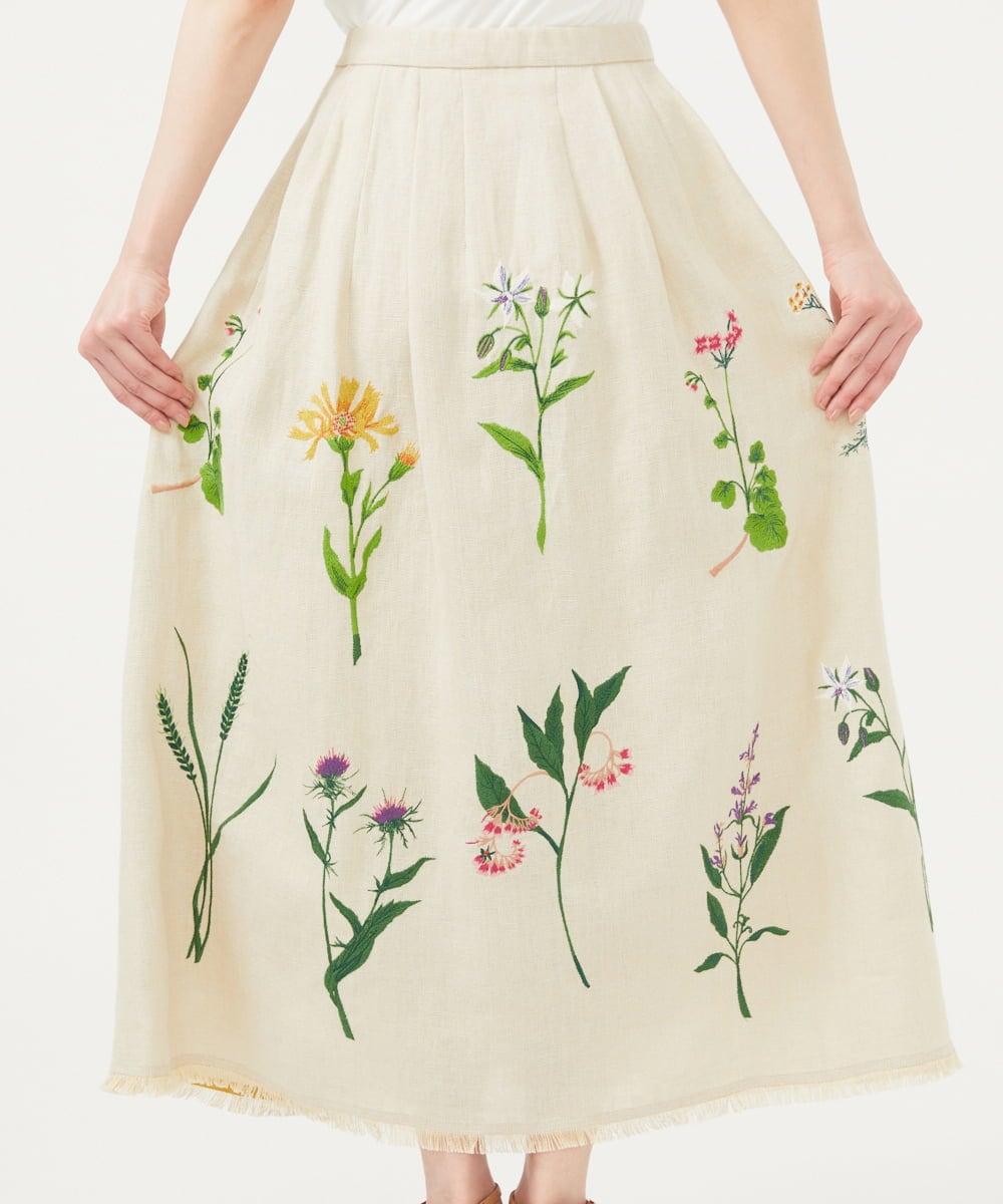 GBHGA01790 Sybilla(シビラ) 先染めリネン刺繍スカート ベージュ