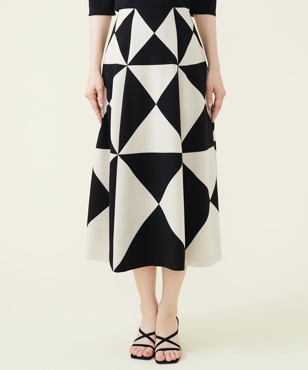 メディア着用】ジオメトリックパッチワークスカート(ミモレ丈スカート  