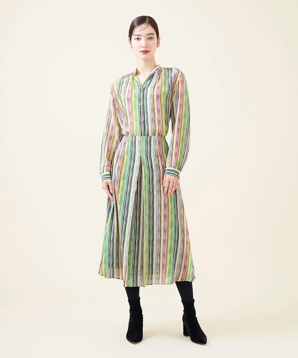 GBHJT07390 Sybilla(シビラ) マルチカラーストライプスカート グリーン