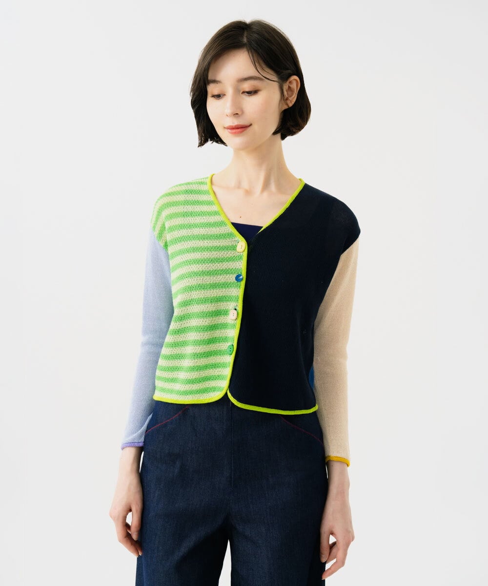 GBSGD35360 Sybilla(シビラ) ブロックボーダーカーディガン グリーン×ネイビー系