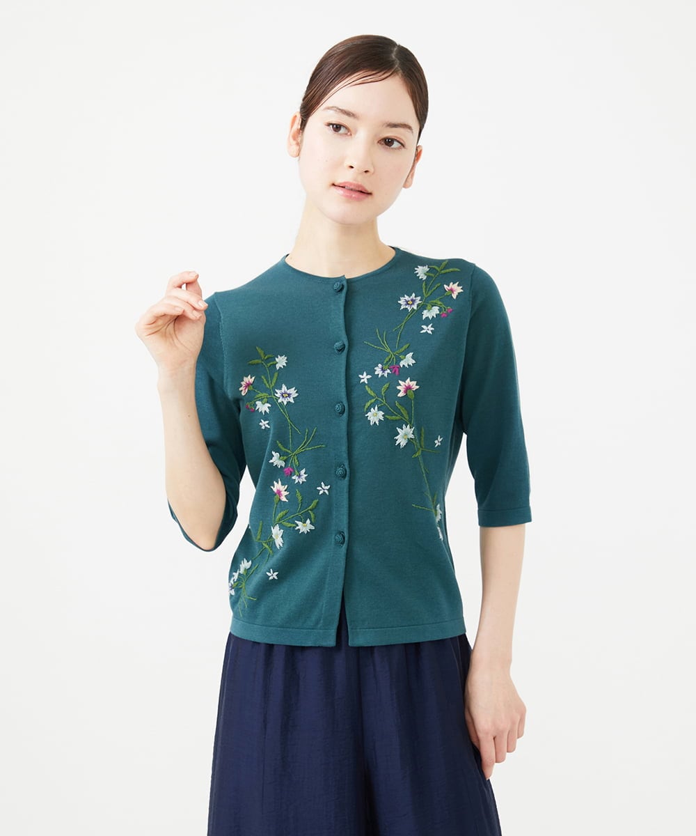 GBSHB31700 Sybilla(シビラ) フラワー刺繍五分袖カーディガン グリーン
