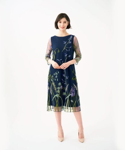 GDPGE91800 Sybilla リーフ刺繍チュールドレス(7分袖)