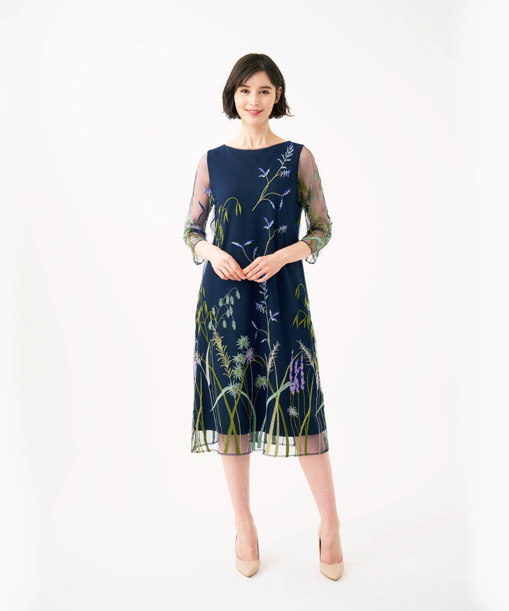 GDPGE91800 Sybilla リーフ刺繍チュールドレス(7分袖)