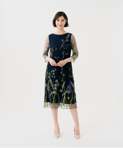 GDPGE91800 Sybilla リーフ刺繍チュールドレス(7分袖)