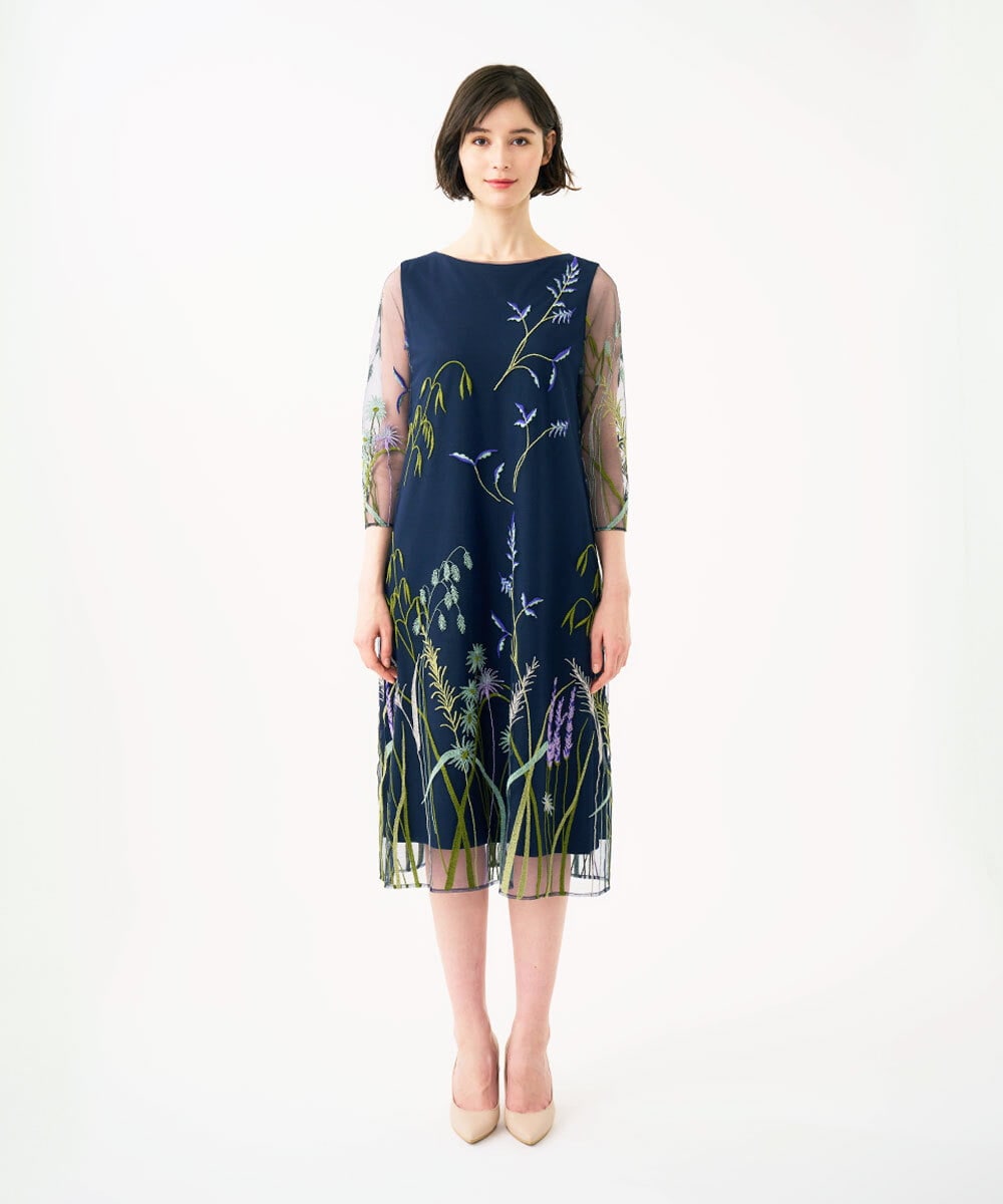 GDPGE91800 Sybilla(シビラ) リーフ刺繍チュールドレス(7分袖) ネイビー