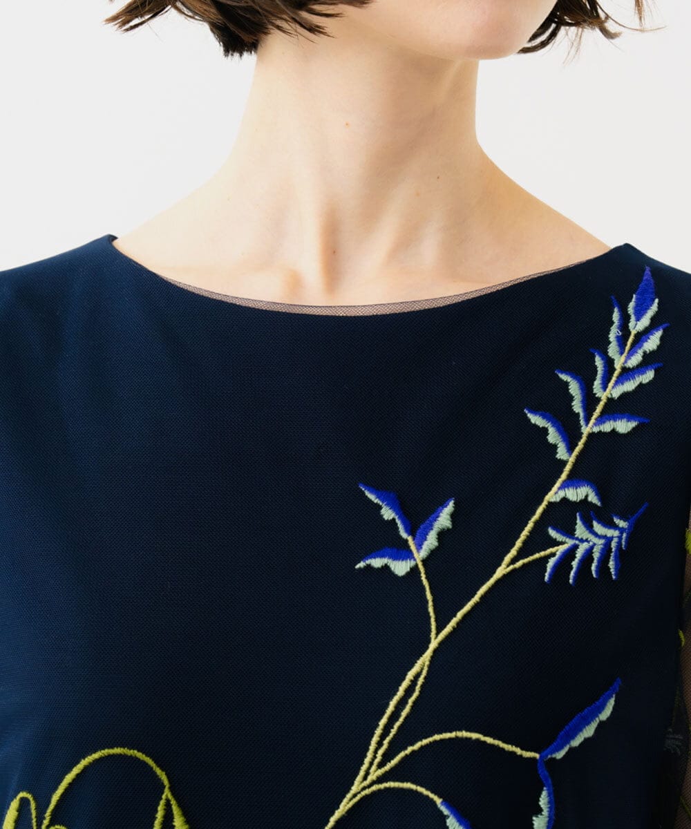 GDPGE91800 Sybilla(シビラ) リーフ刺繍チュールドレス(7分袖) ネイビー