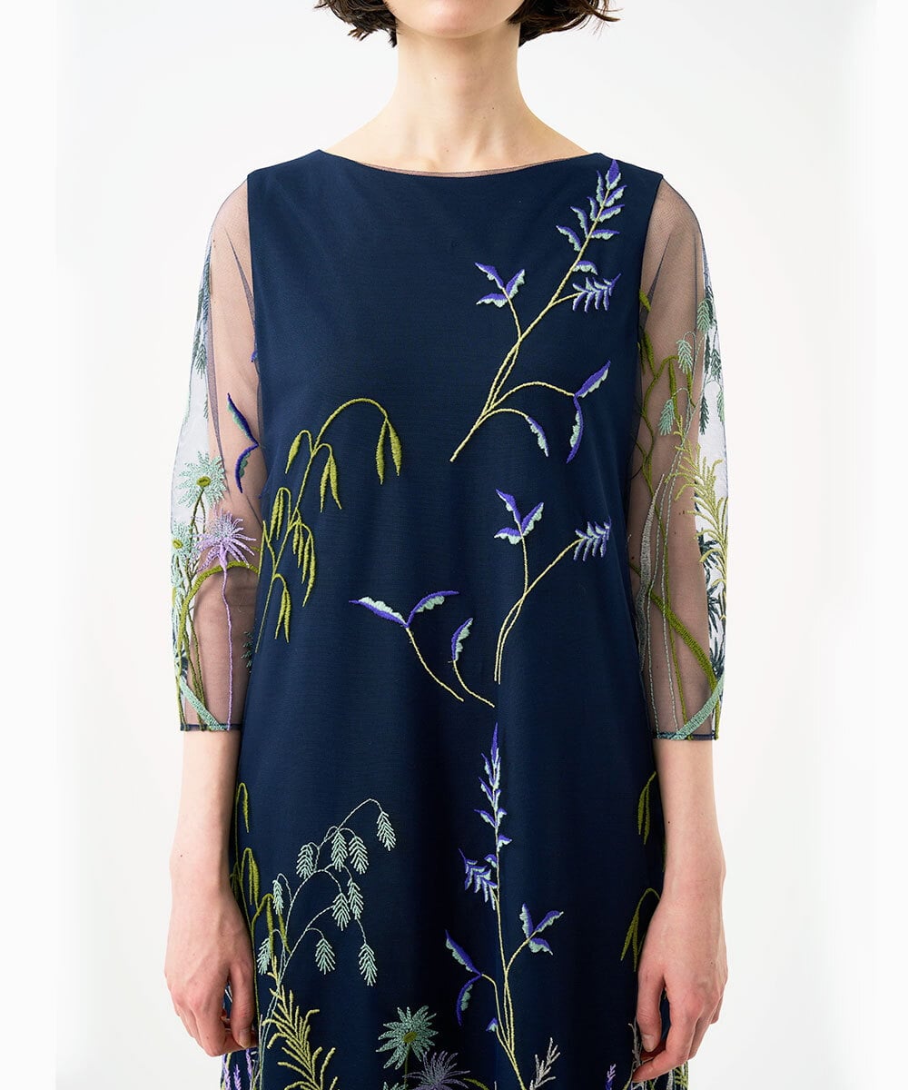 GDPGE91800 Sybilla(シビラ) リーフ刺繍チュールドレス(7分袖) ネイビー
