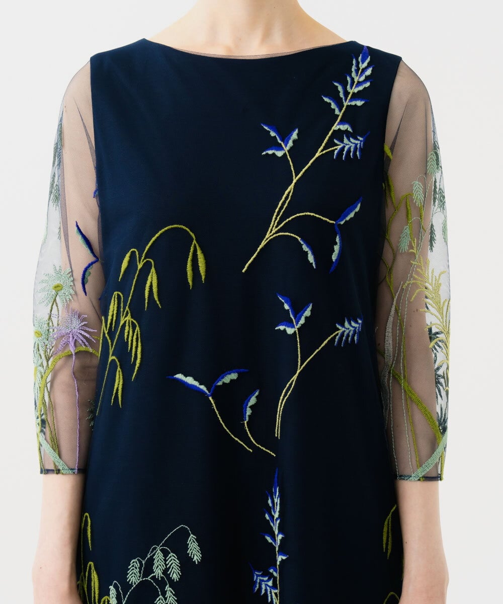 GDPGE91800 Sybilla(シビラ) リーフ刺繍チュールドレス(7分袖) ネイビー