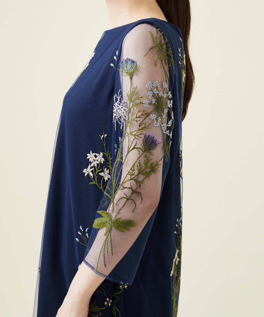 GDPJS23630 Sybilla(シビラ) フラワー刺繍チュールスリーブドレス ネイビー
