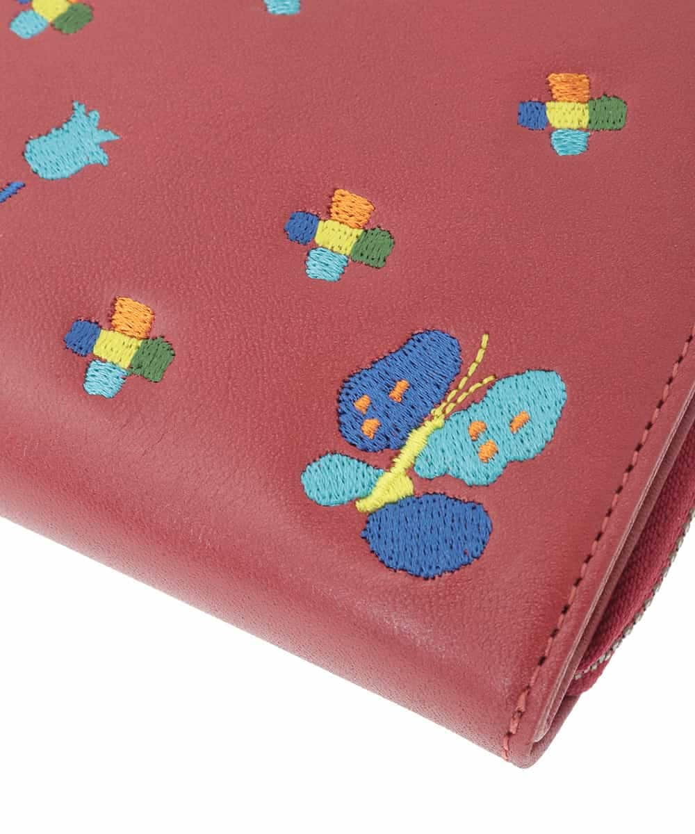 GFYJH04150 Jocomomola(ホコモモラ) フラワー刺繍ポイント牛革二つ折り財布 レッド