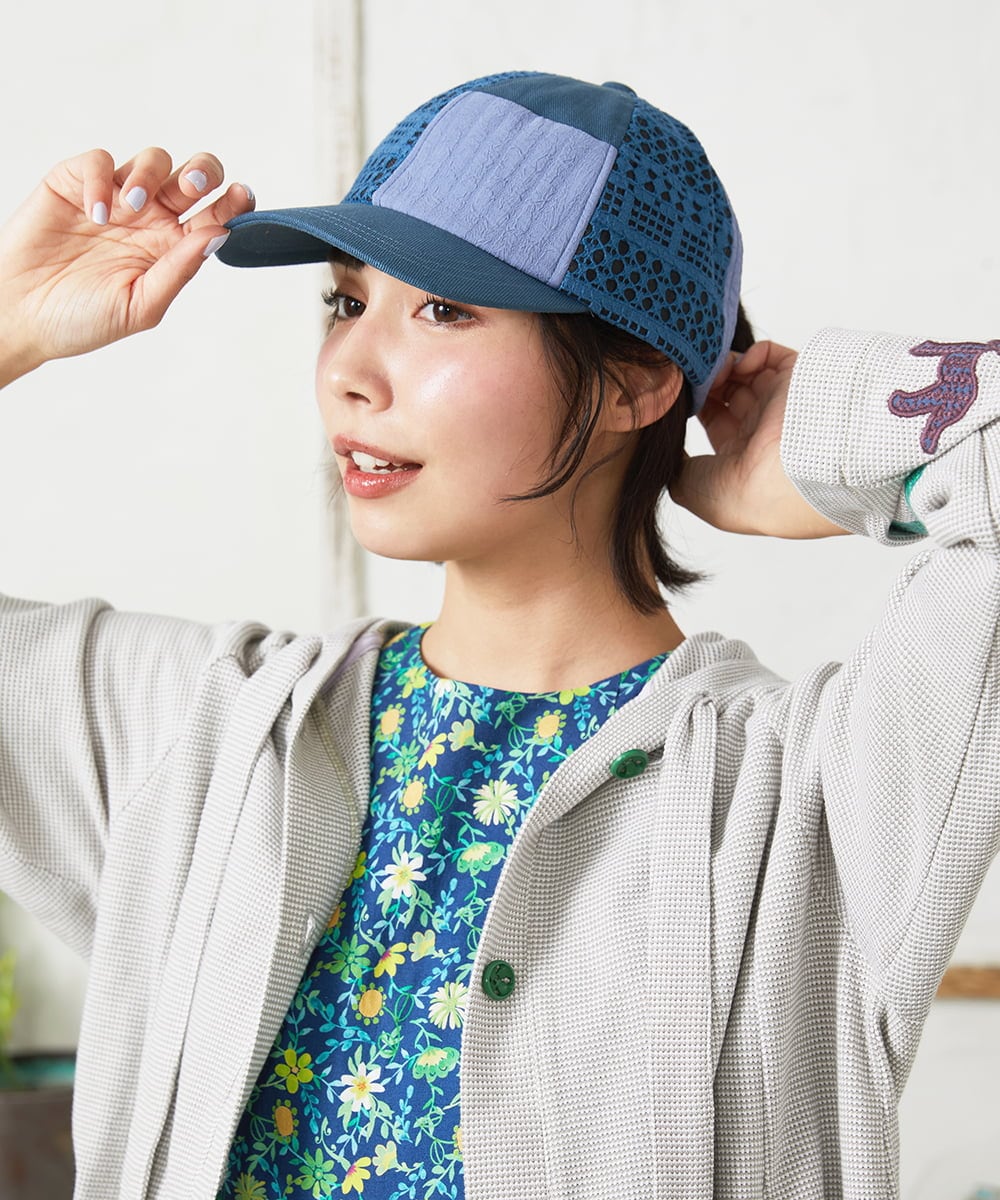 GG7DE31080 Jocomomola(ホコモモラ) パッチレース切り替えデザインキャップ ブルー