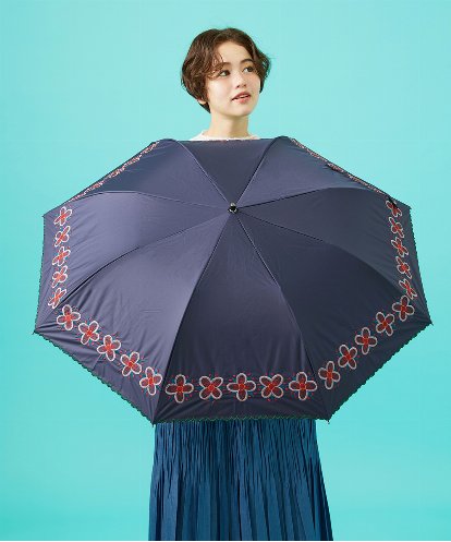 Jocomomola(ホコモモラ) 【晴雨兼用・UVカット】フラワー刺繍折り畳み傘 ネイビー/紺 40