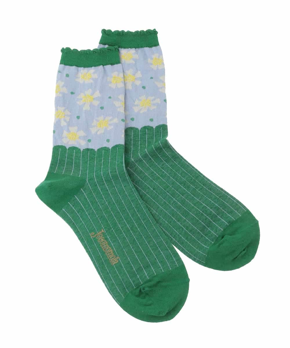 GG9DD31035 Jocomomola(ホコモモラ) 配色フラワージャカードソックス グリーン