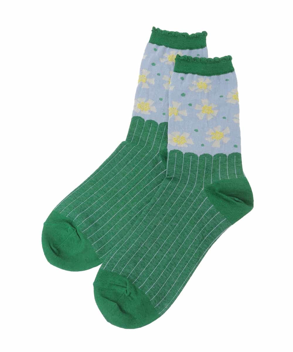 GG9DD31035 Jocomomola(ホコモモラ) 配色フラワージャカードソックス グリーン