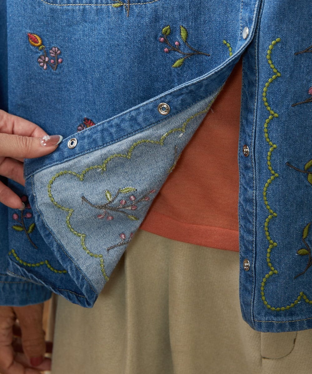 GJBCD01250 Jocomomola(ホコモモラ) El galgo フラワー刺繍デニムシャツ ブルー