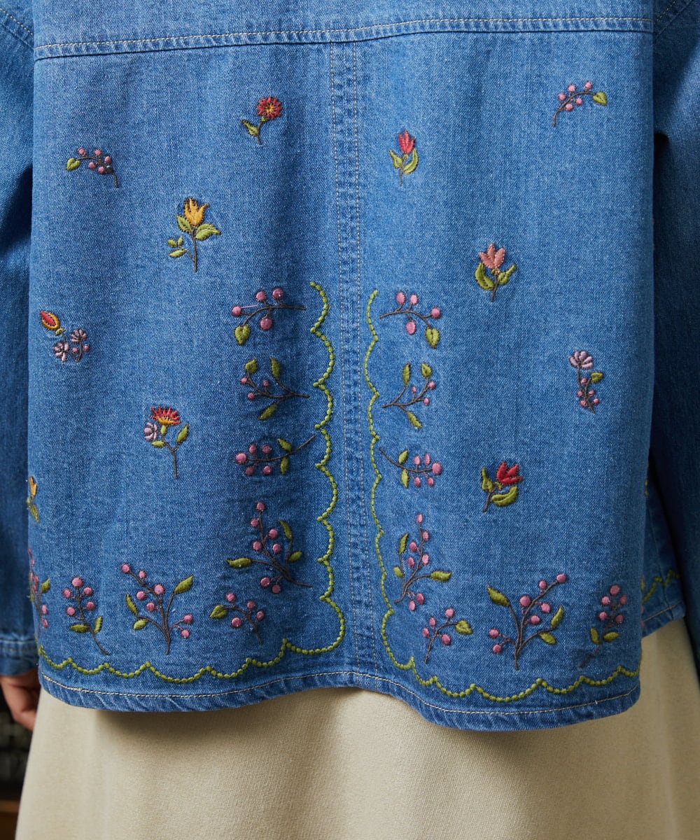 GJBCD01250 Jocomomola(ホコモモラ) El galgo フラワー刺繍デニムシャツ ブルー