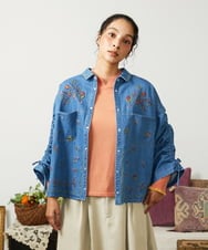 GJBCD01250 Jocomomola(ホコモモラ) El galgo フラワー刺繍デニムシャツ ブルー