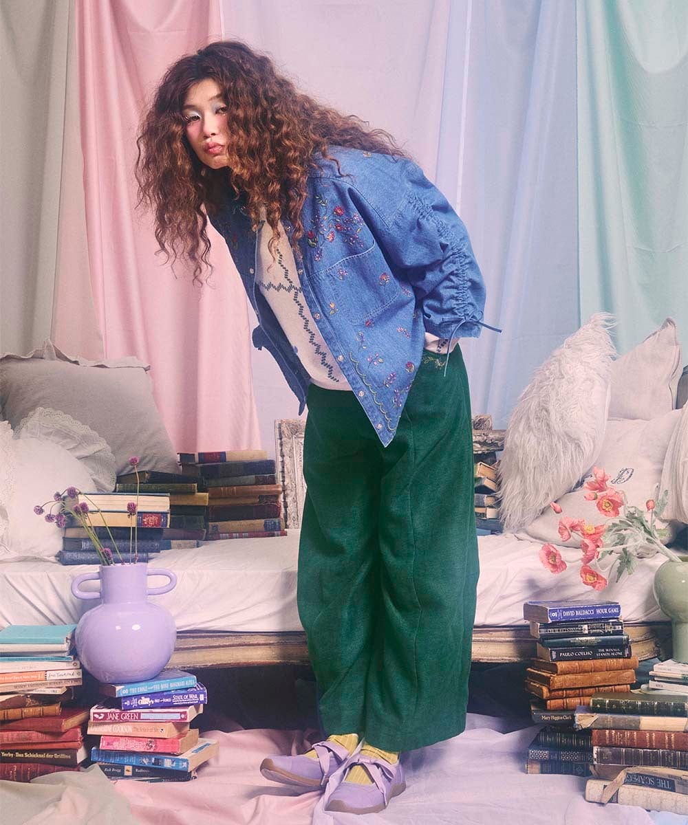 GJBCD01250 Jocomomola(ホコモモラ) El galgo フラワー刺繍デニムシャツ ブルー