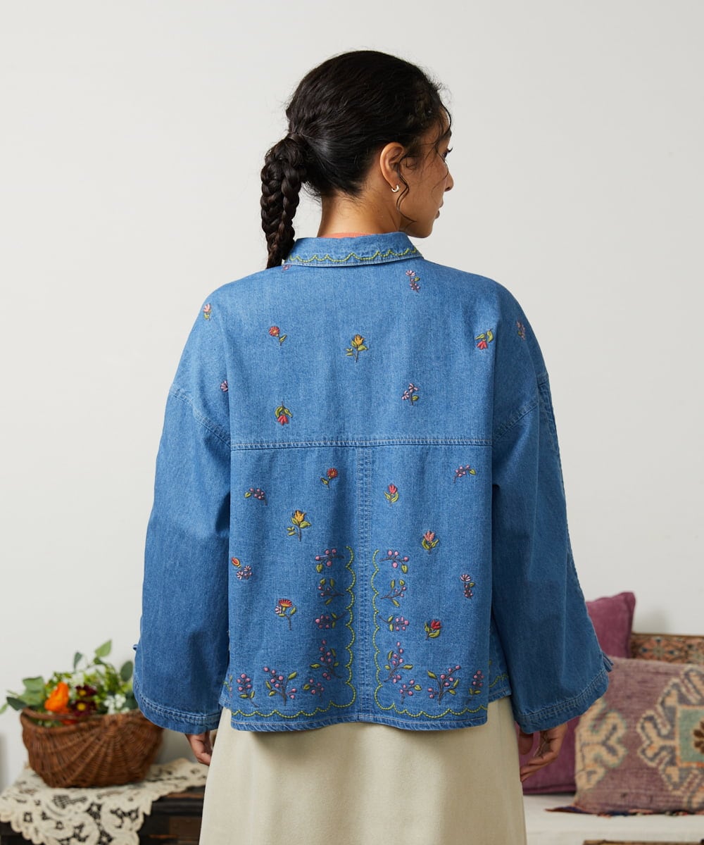 GJBCD01250 Jocomomola(ホコモモラ) El galgo フラワー刺繍デニムシャツ ブルー