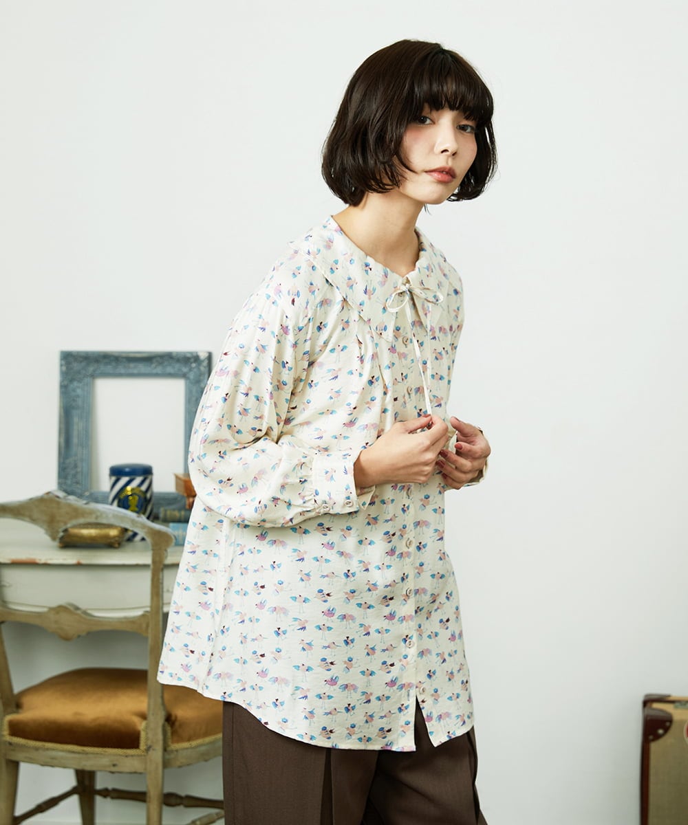 GJBDD01220 Jocomomola(ホコモモラ) Palminos ビックカラー鳥プリントロングブラウス アイボリー