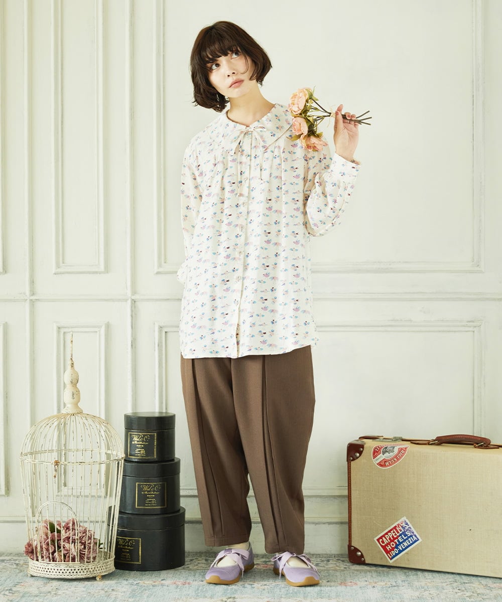 GJBDD01220 Jocomomola(ホコモモラ) Palminos ビックカラー鳥プリントロングブラウス アイボリー