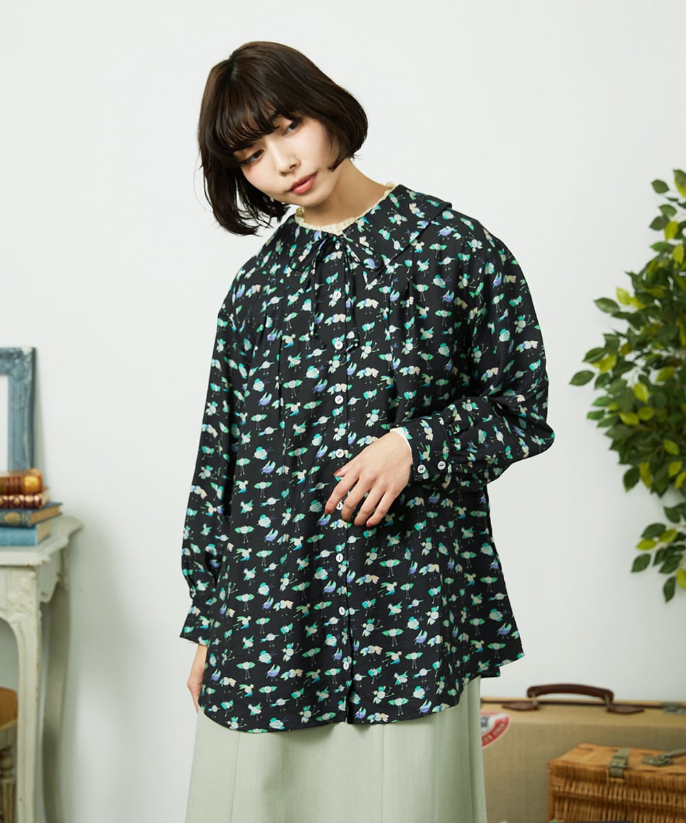 GJBDD01220 Jocomomola(ホコモモラ) Palminos ビックカラー鳥プリントロングブラウス ブラック