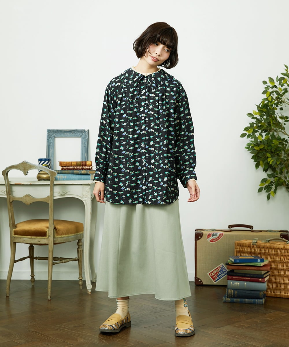 GJBDD01220 Jocomomola(ホコモモラ) Palminos ビックカラー鳥プリントロングブラウス ブラック