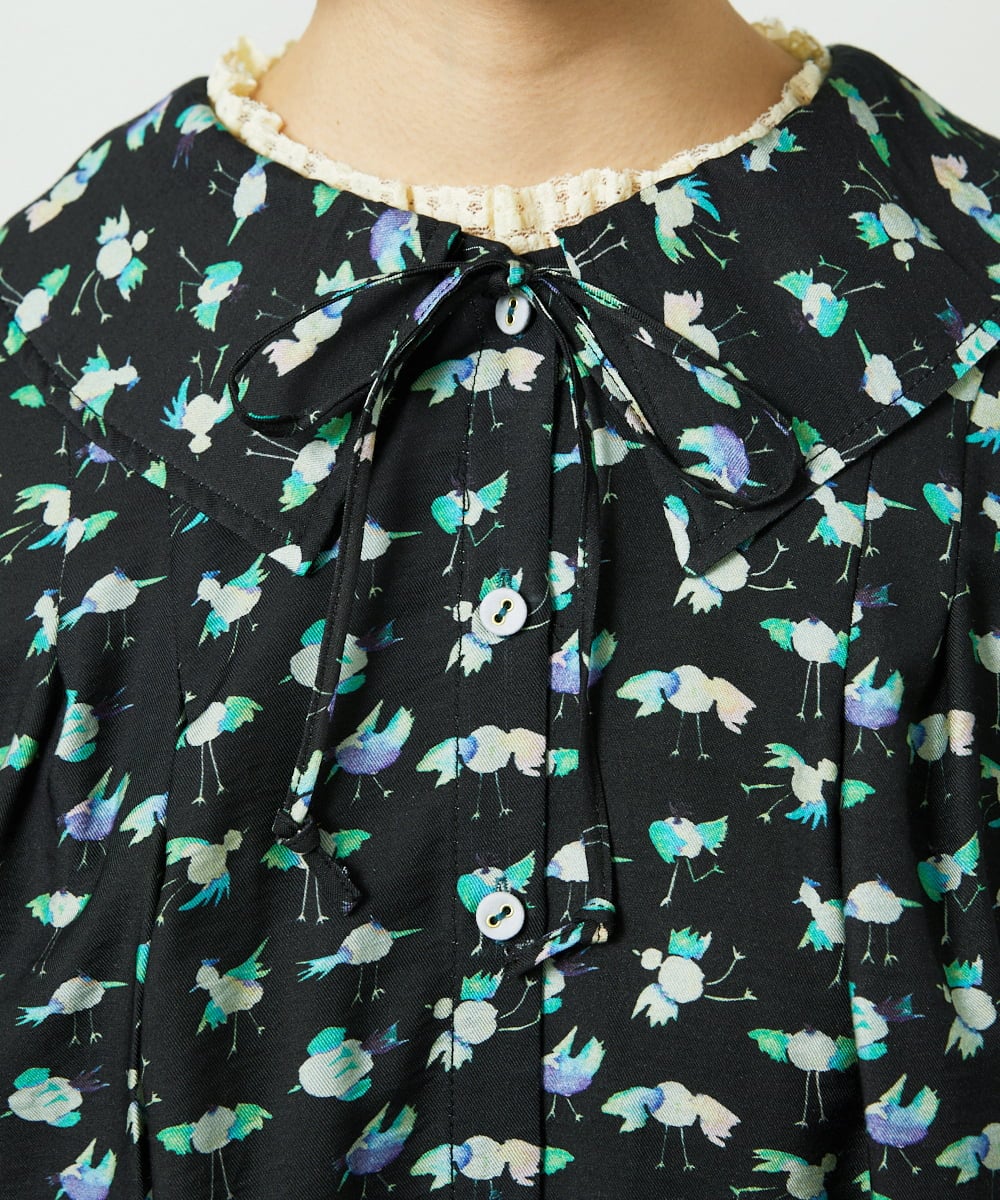 GJBDD01220 Jocomomola(ホコモモラ) Palminos ビックカラー鳥プリントロングブラウス ブラック