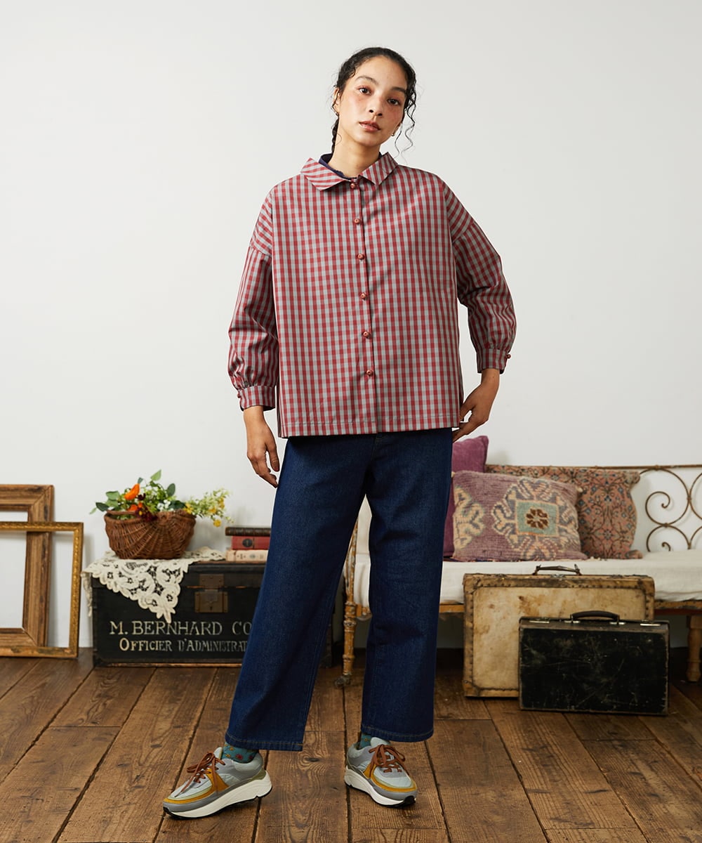 GJBDD33180 Jocomomola(ホコモモラ) 【先行予約】2WAY ギンガムチェック オーバーブラウス レッド