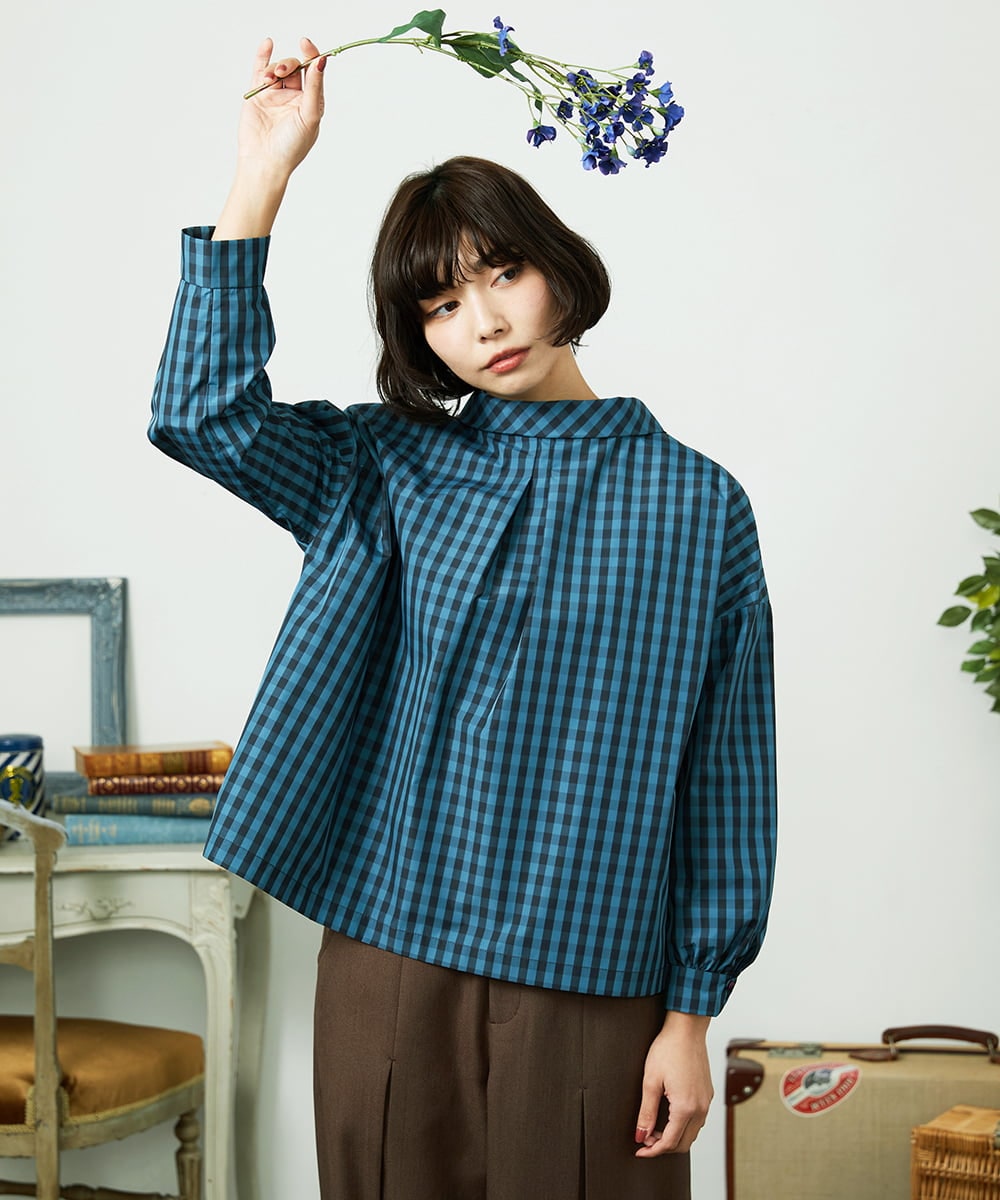 GJBDD33180 Jocomomola(ホコモモラ) 【2WAY】 Sillin ギンガムチェック オーバーブラウス ブルー