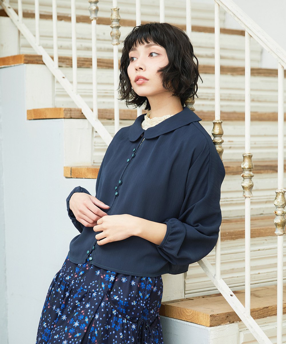 GJBDE44180 Jocomomola(ホコモモラ) RIO 襟付き楊柳ブラウス ネイビー