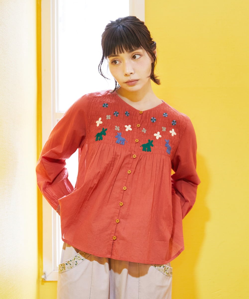 GJBFD01200 Jocomomola(ホコモモラ) Baile animal アニマル刺繍ブラウス レッド