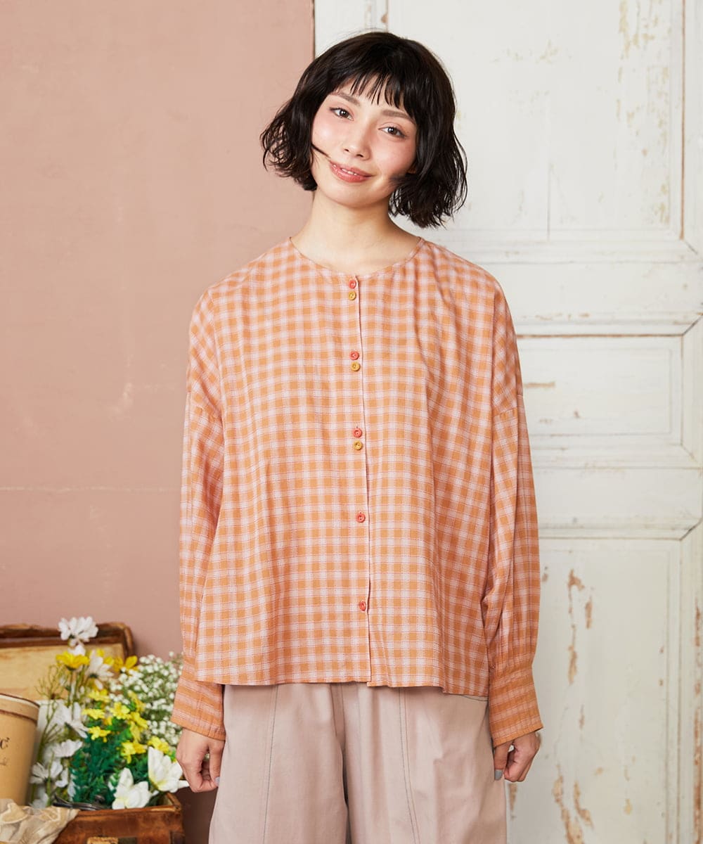 GJBFD32180 Jocomomola(ホコモモラ) 【早割10％OFF】コットンギンガムチェックブラウス オレンジ