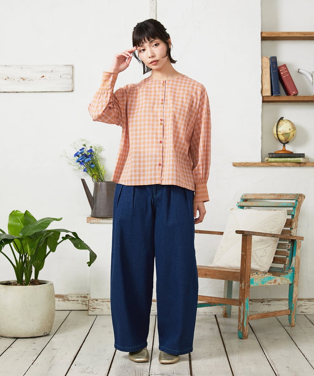 GJBFD32180 Jocomomola(ホコモモラ) Puntada ギンガムチェックブラウス オレンジ