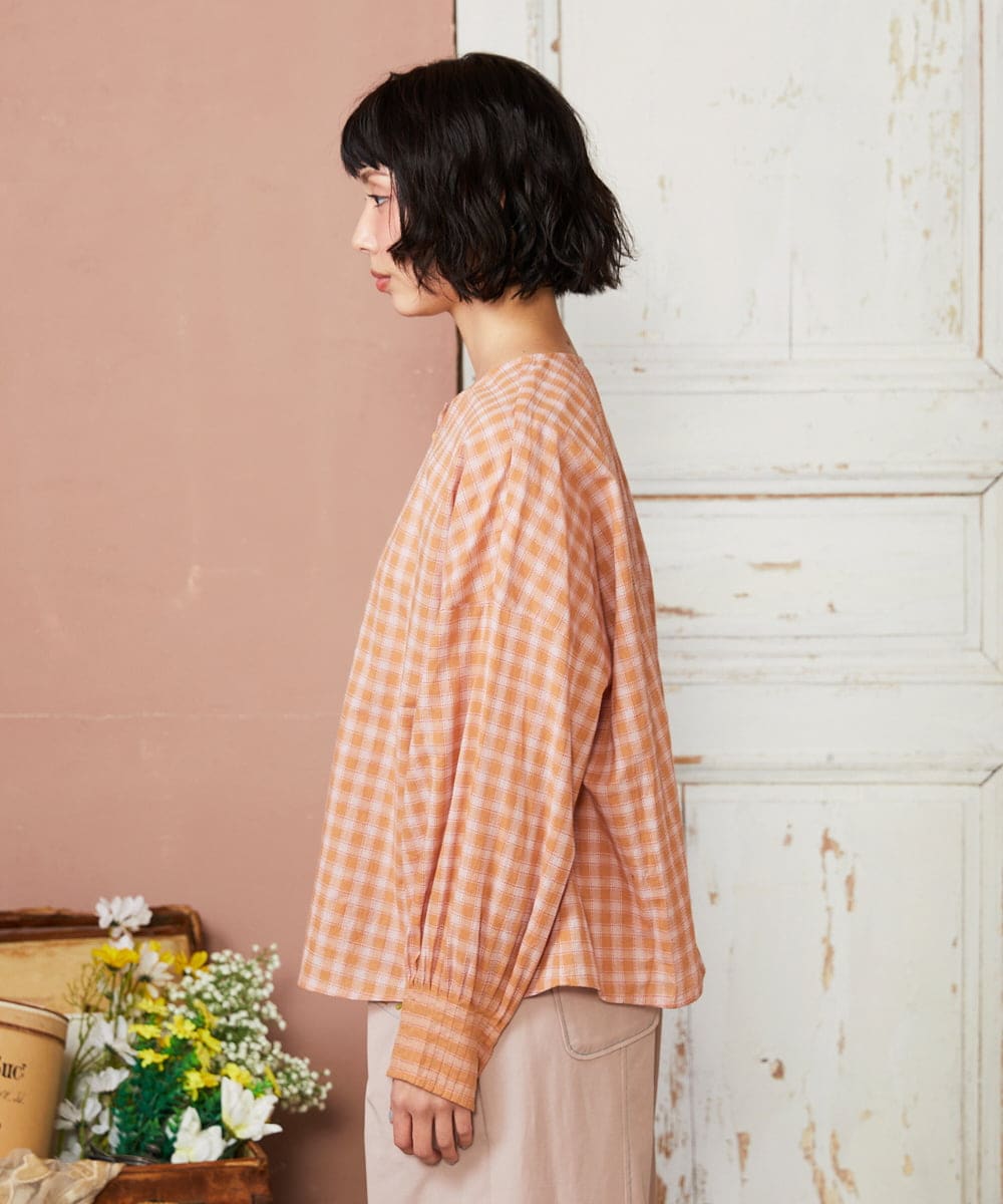 GJBFD32180 Jocomomola(ホコモモラ) 【早割10％OFF】コットンギンガムチェックブラウス オレンジ