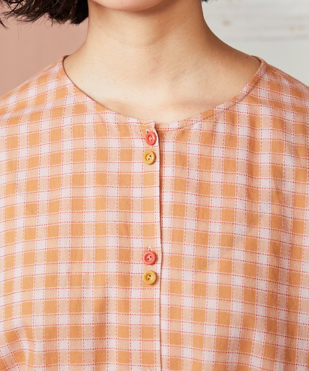 GJBFD32180 Jocomomola(ホコモモラ) 【早割10％OFF】コットンギンガムチェックブラウス オレンジ