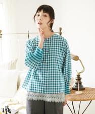 GJBFD32180 Jocomomola(ホコモモラ) Puntada ギンガムチェックブラウス ブルーグリーン