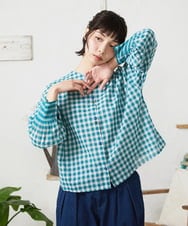GJBFD32180 Jocomomola(ホコモモラ) Puntada ギンガムチェックブラウス ブルーグリーン