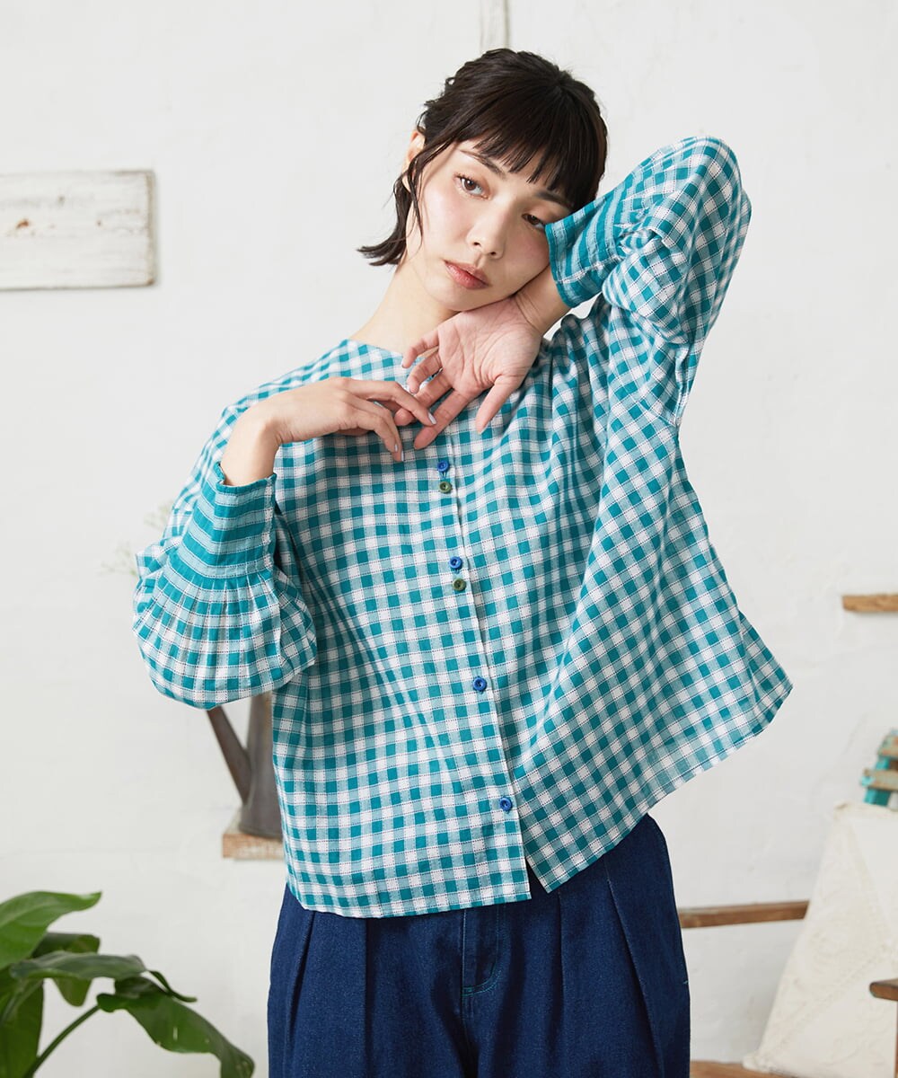 GJBFD32180 Jocomomola(ホコモモラ) Puntada ギンガムチェックブラウス ブルーグリーン