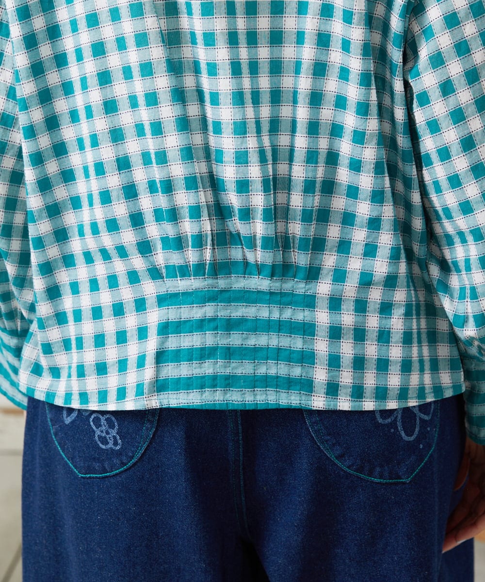 GJBFD32180 Jocomomola(ホコモモラ) Puntada ギンガムチェックブラウス ブルーグリーン