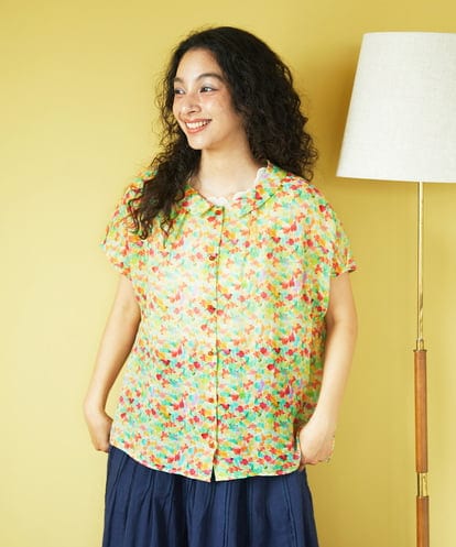 GJBGB38200 Jocomomola Verde esmeralda リネンプリントブラウス