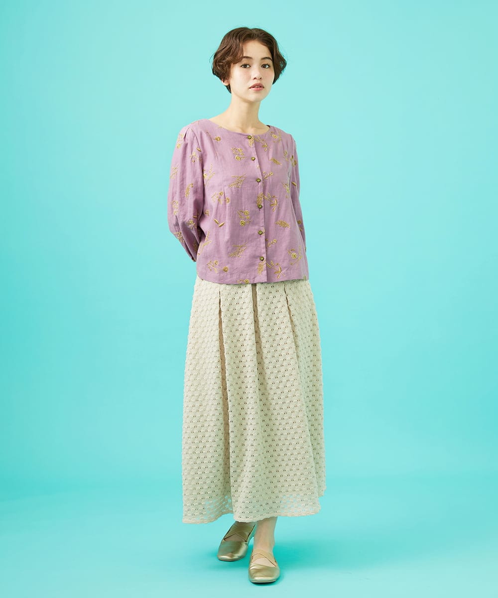 GJBGB51250 Jocomomola(ホコモモラ) Abundancia de flores フラワー総刺繍ブラウス ラベンダー