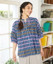 GJBGD30200 Jocomomola(ホコモモラ) Enganar スモッキング刺繍チェック柄ブラウス ネイビー
