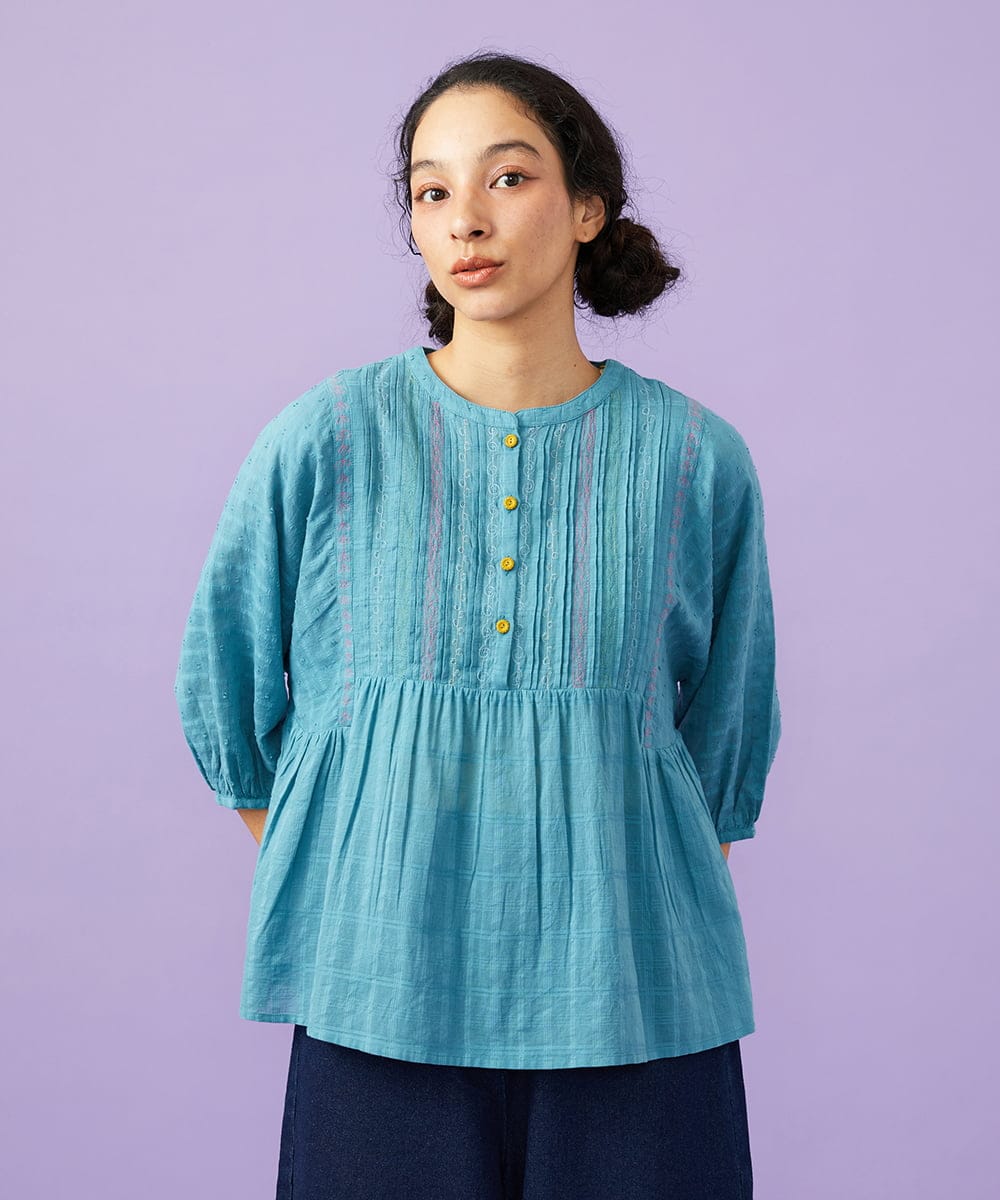 GJBGD32180 Jocomomola(ホコモモラ) Una escalera de colores バンドカラーブラウス ブルー