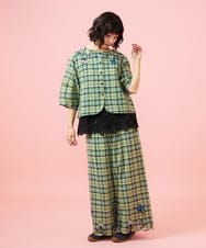 GJBGE02220 Jocomomola(ホコモモラ) Dulcinea チェックフラワースカラップ刺繍ブラウス グリーン×ブルー