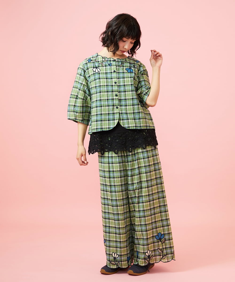 GJBGE02220 Jocomomola(ホコモモラ) Dulcinea チェックフラワースカラップ刺繍ブラウス グリーン×ブルー