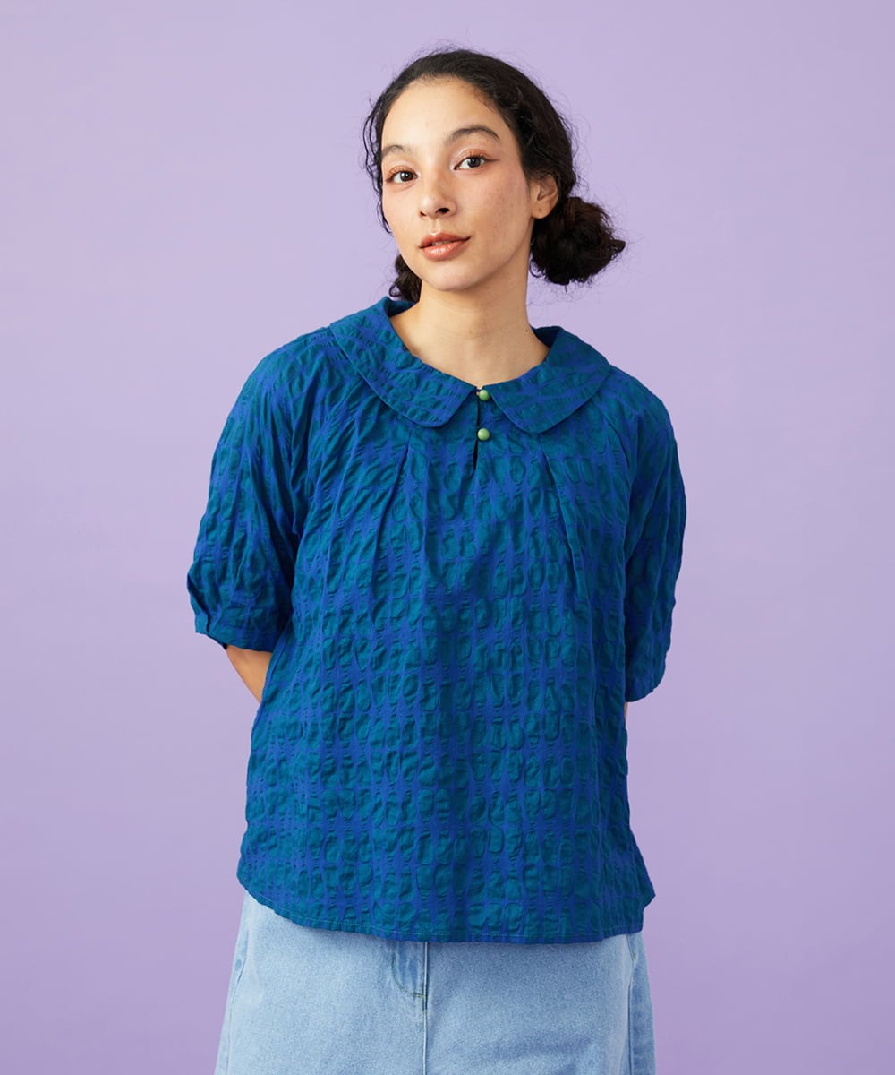 GJBGE39200 Jocomomola(ホコモモラ) 【早割10％OFF】リップルプリントプルオーバーブラウス ブルー