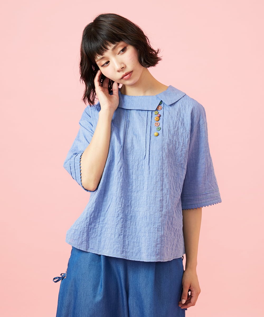 GJBGE40180 Jocomomola(ホコモモラ) シャーリングシャンブレーブラウス ブルー