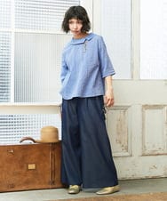 GJBGE40180 Jocomomola(ホコモモラ) シャーリングシャンブレーブラウス ブルー